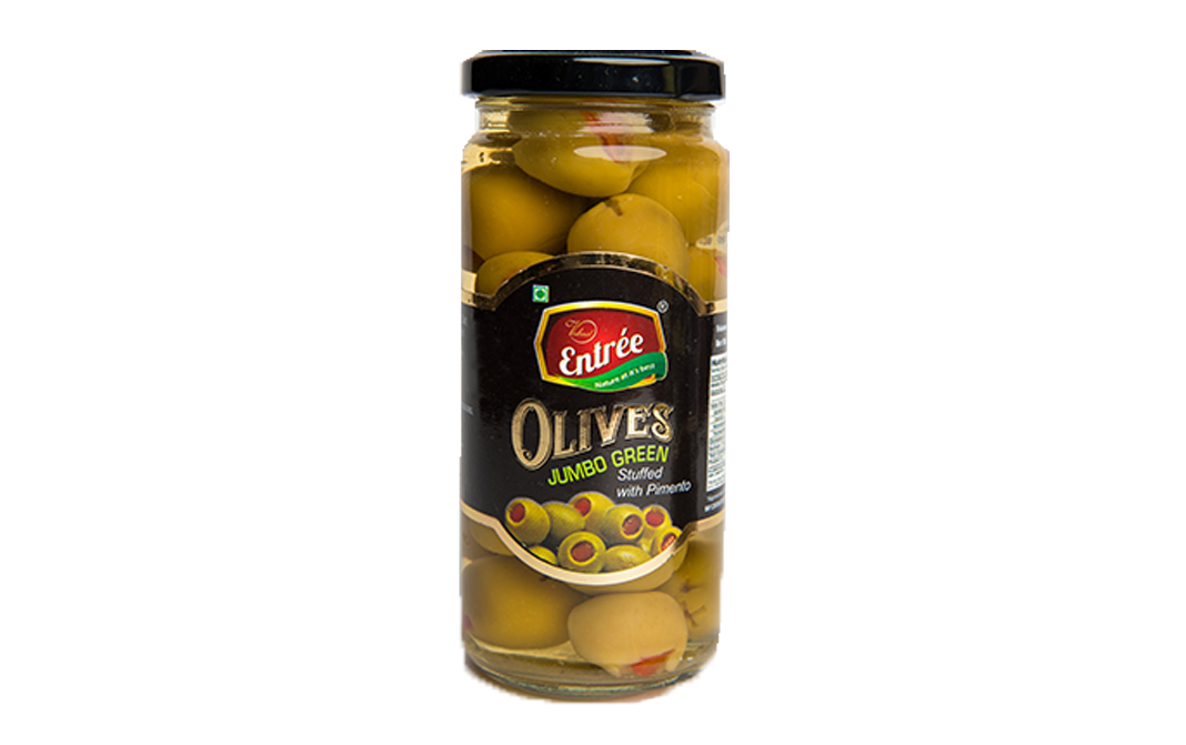 Vishaal Entree Olives Jumbo Green Stuffed with Pimento   Glass Jar  250 grams